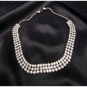 Vintage 1960's Rhinestone Glamour 3 Row Crystal Choker Statement Necklace